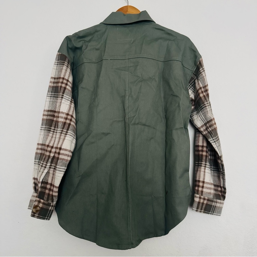 Thread & Supply Women's Button Down Shacket Top Cotton Size S Olive Tan Plaid - Picture 9 of 11